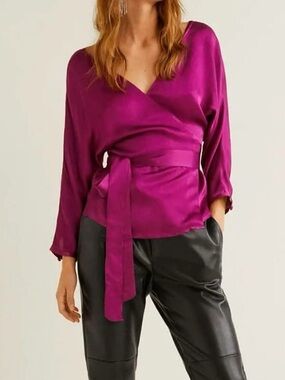 MANGO Magenta Wrap Satin Blouse with Waist Tie🎀
